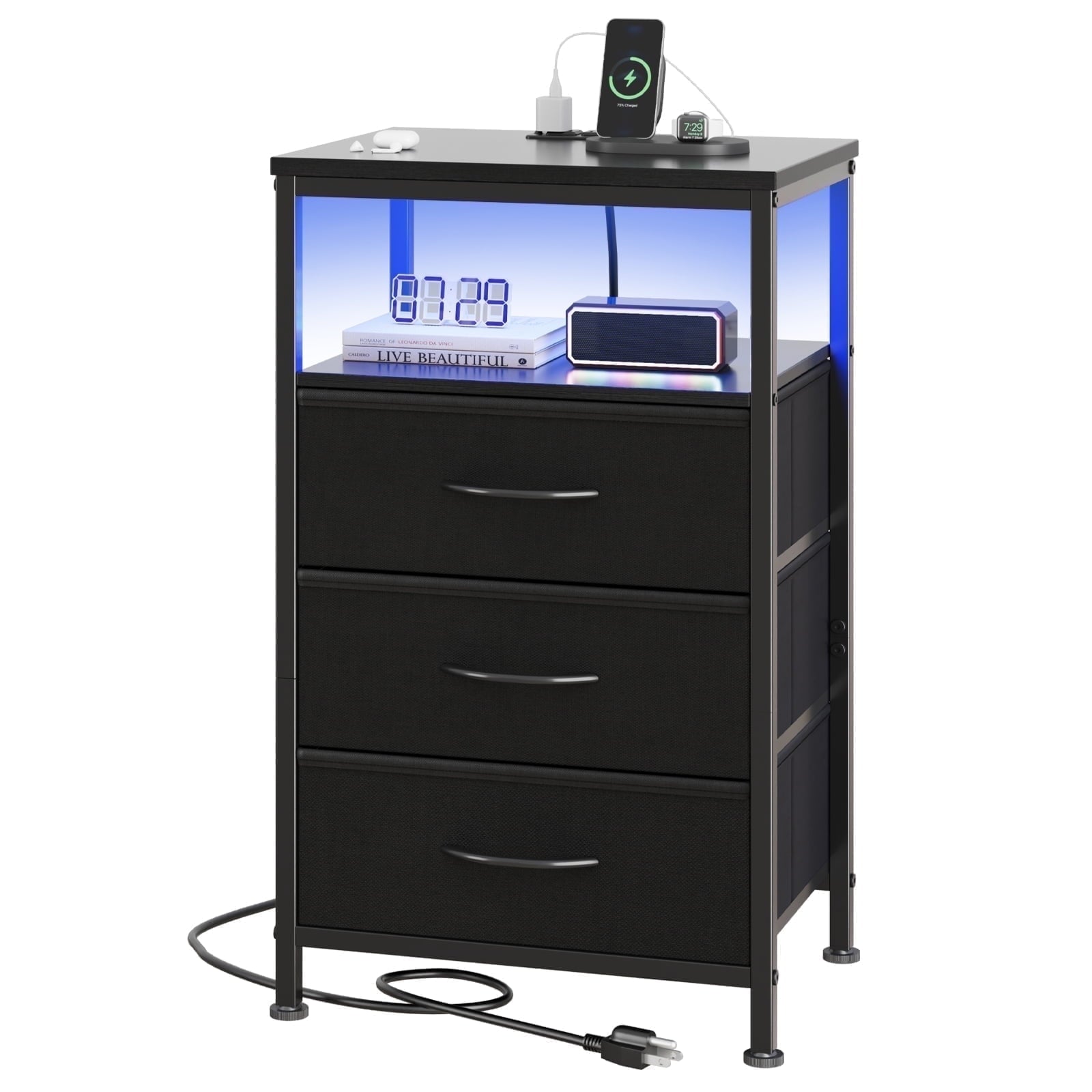 JIOABL Nightstand with USB & Type-C Charging, Fabric Drawers, Metal Frame