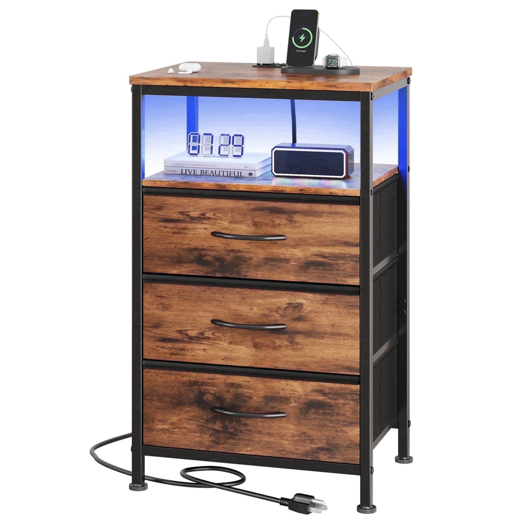 JIOABL Nightstand with USB & Type-C Charging, Fabric Drawers, Metal Frame