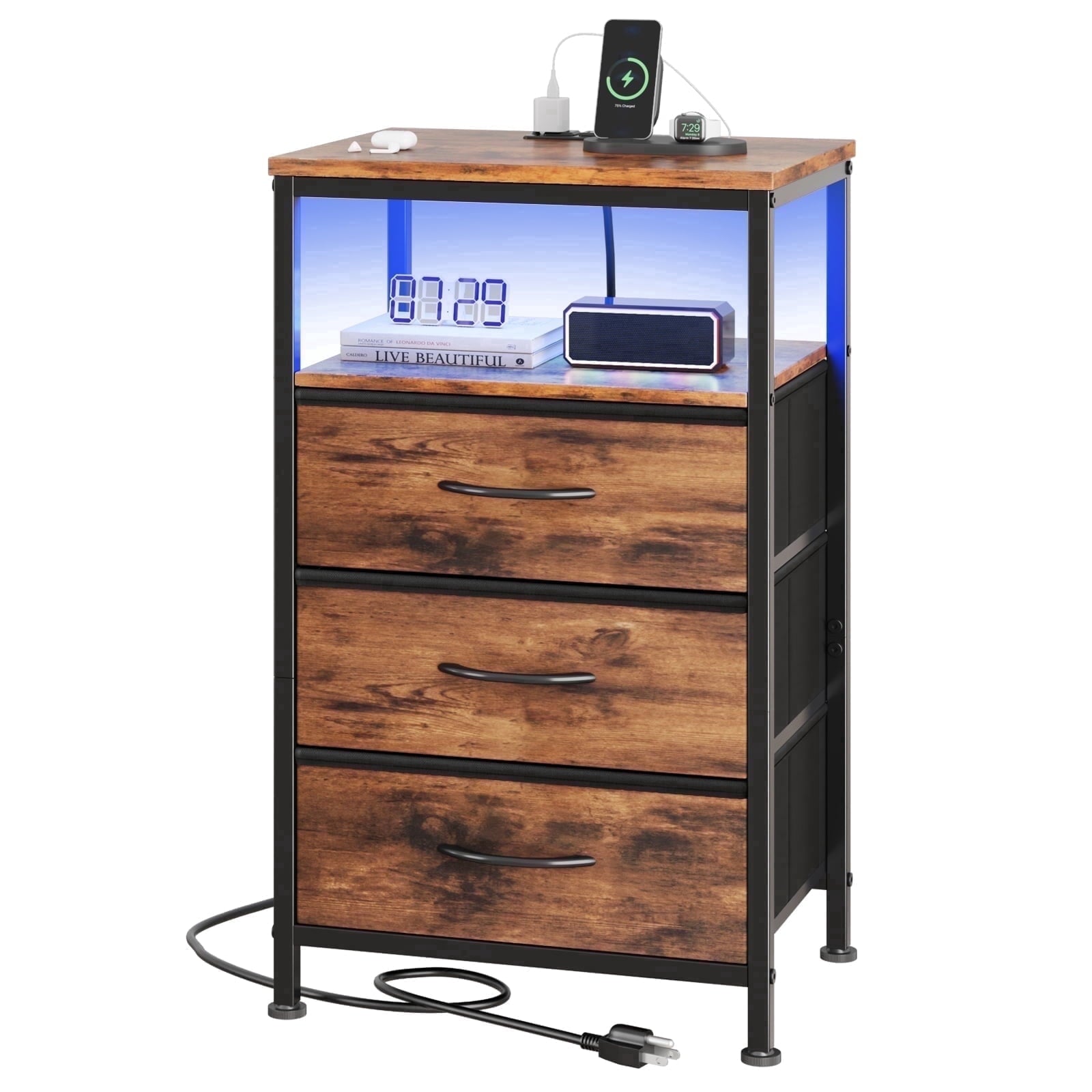 JIOABL Nightstand with USB & Type-C Charging, Fabric Drawers, Metal Frame