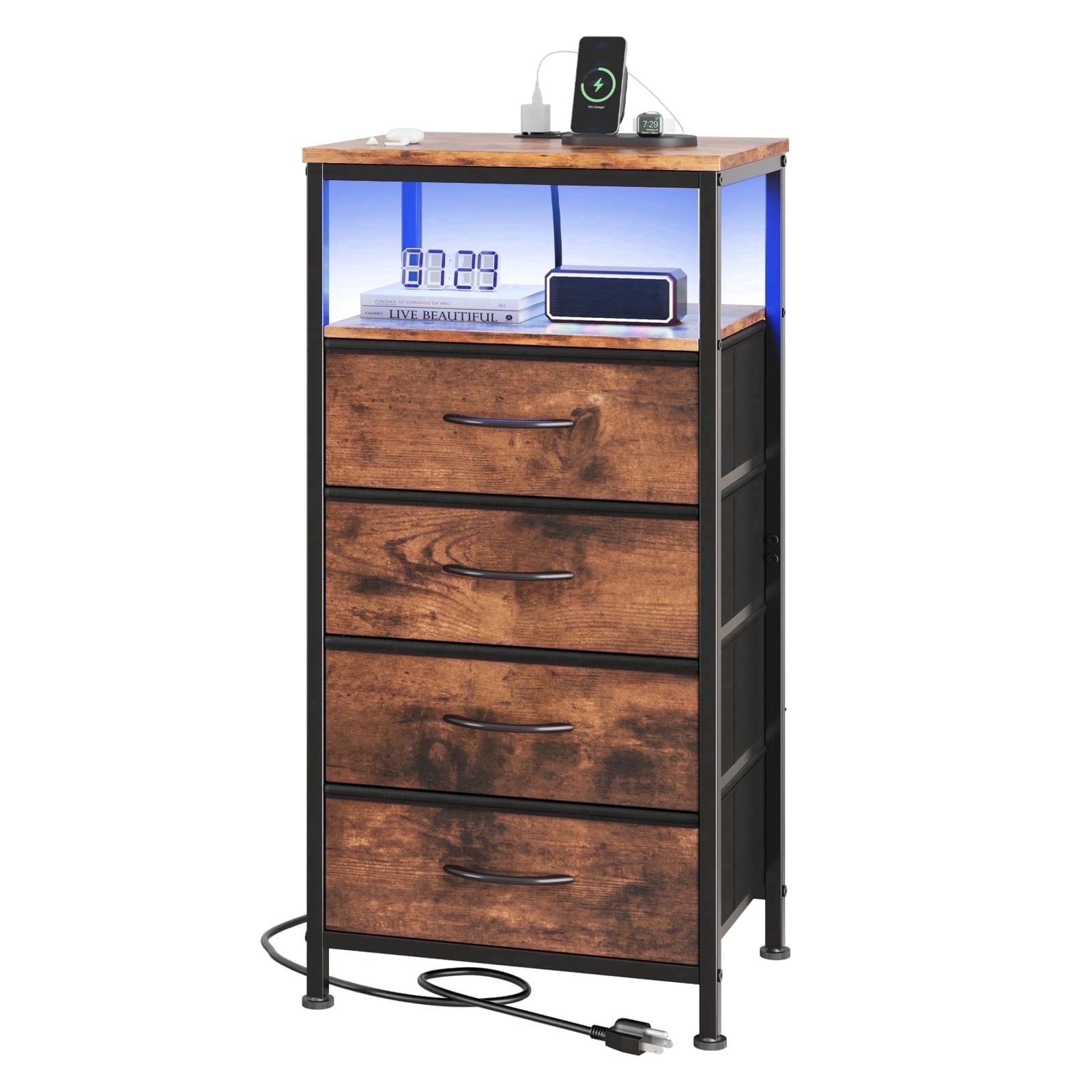 JIOABL Nightstand with USB & Type-C Charging, Fabric Drawers, Metal Frame