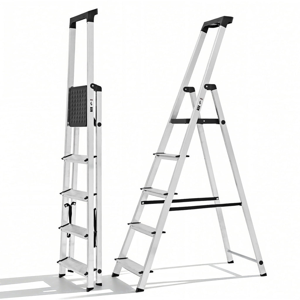 JIOABL Aluminum Folding Ladder, 330 lbs Capacity with Wide Non-Slip Steps, Steel Platform, Slim Fold Design