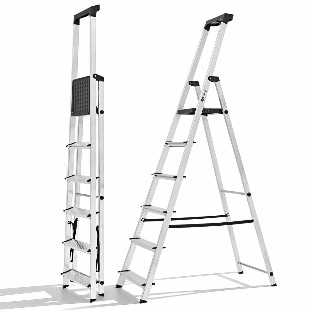 JIOABL Aluminum Folding Ladder, 330 lbs Capacity with Wide Non-Slip Steps, Steel Platform, Slim Fold Design