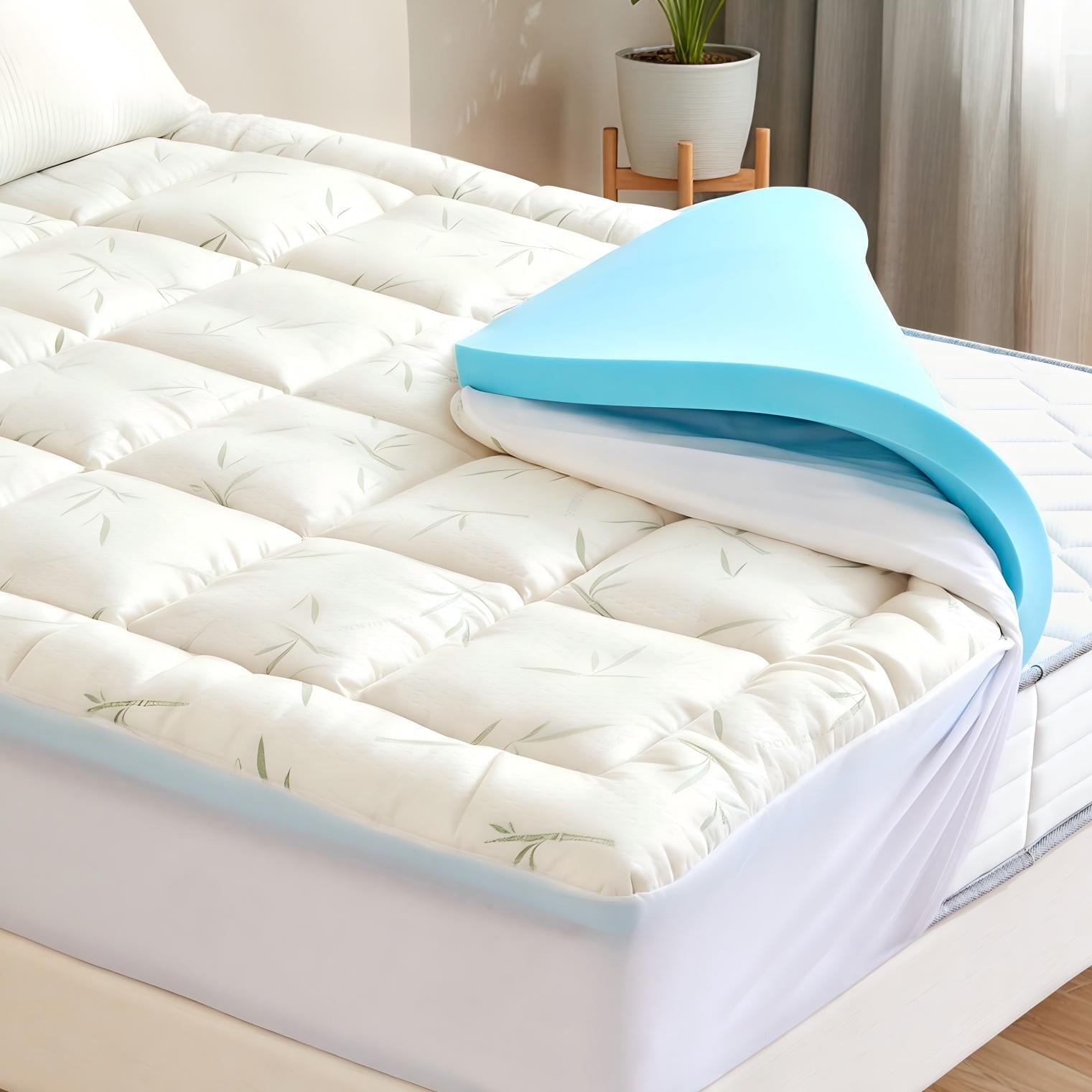 JIOABL Double Layer Mattress Topper, 2 inch Gel Memory Foam & 2 inch Cool Pillow Top for Back Pain Relief, Medium Firm