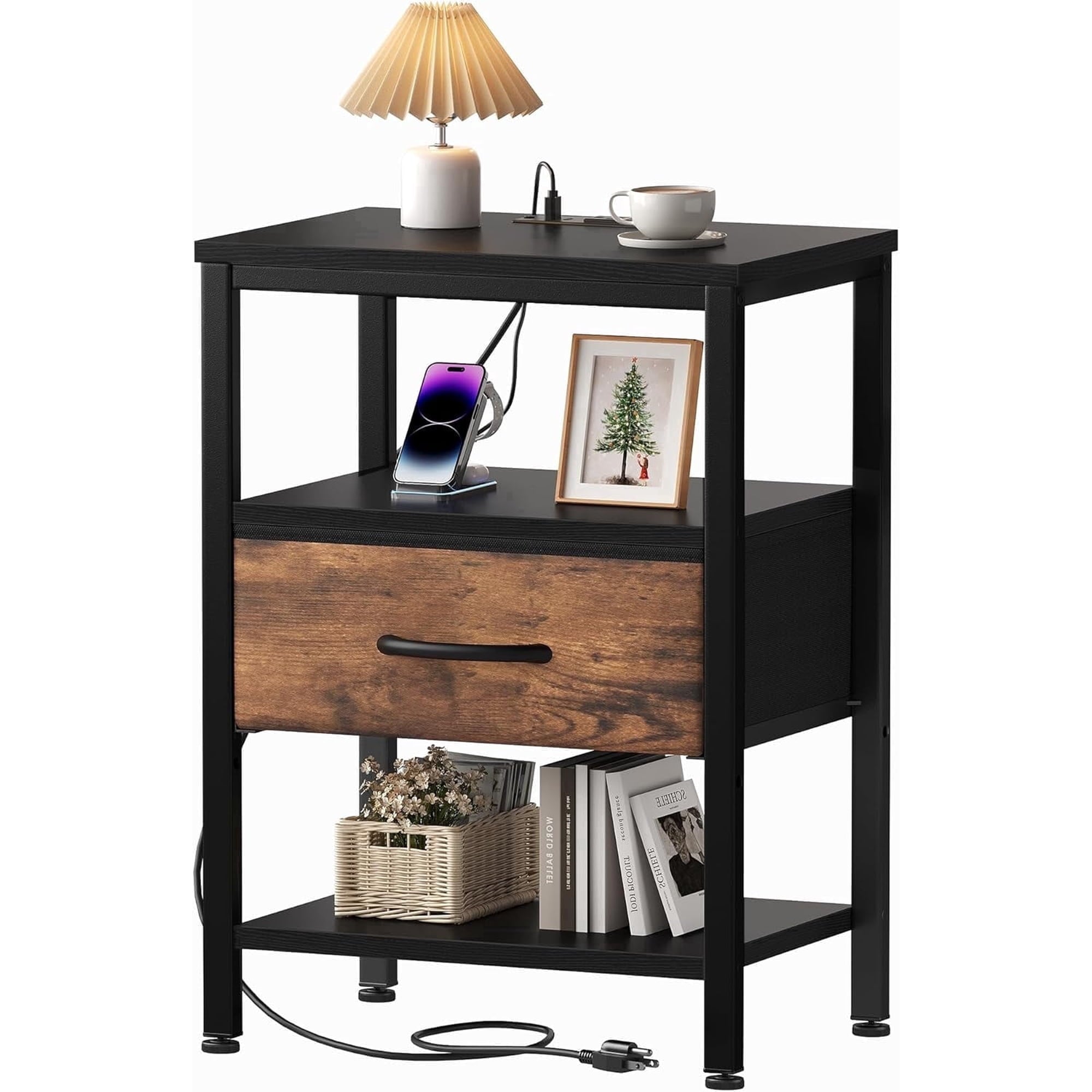 JIOABL Nightstand with USB & Type-C Charging, Fabric Drawers, Metal Frame