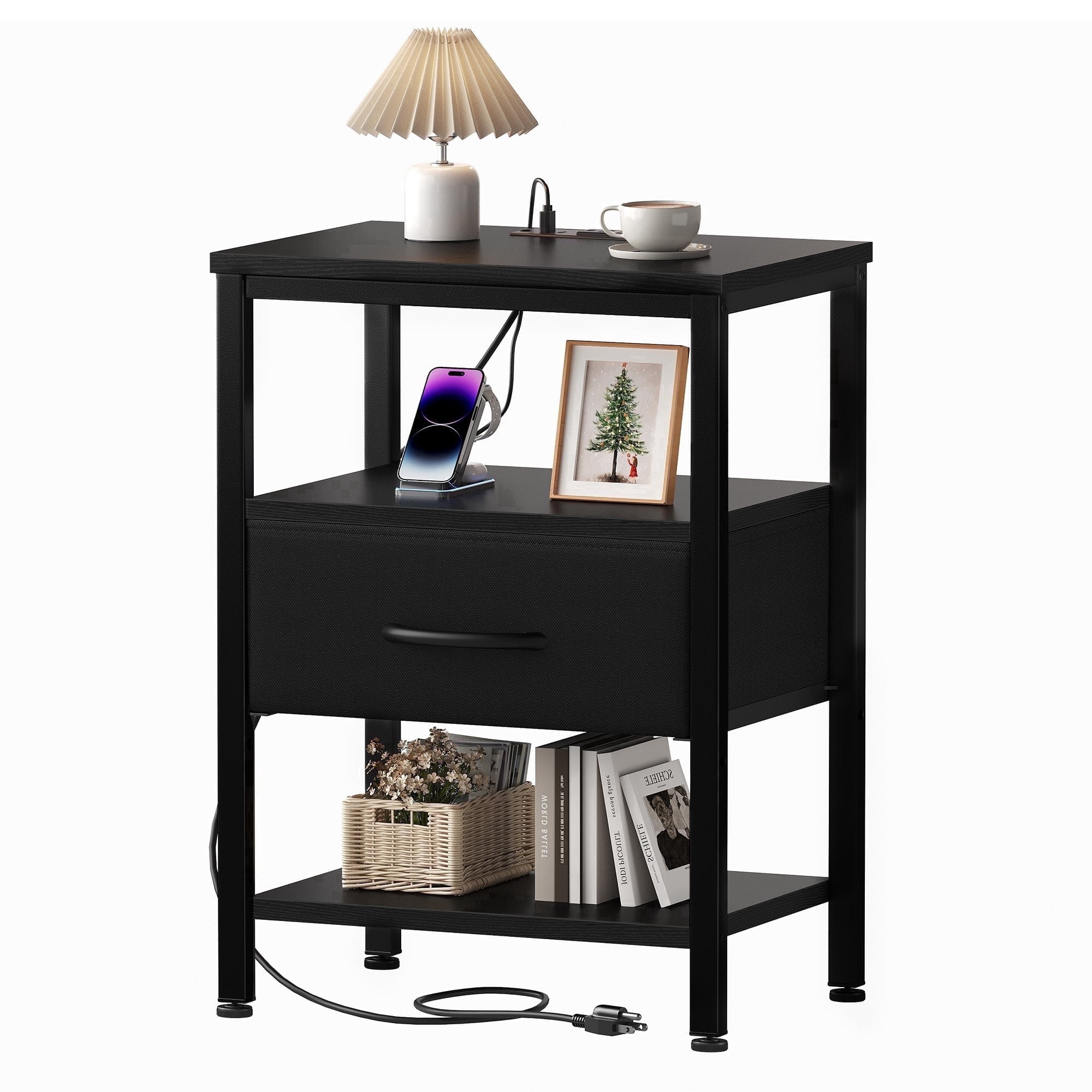 JIOABL Nightstand with USB & Type-C Charging, Fabric Drawers, Metal Frame