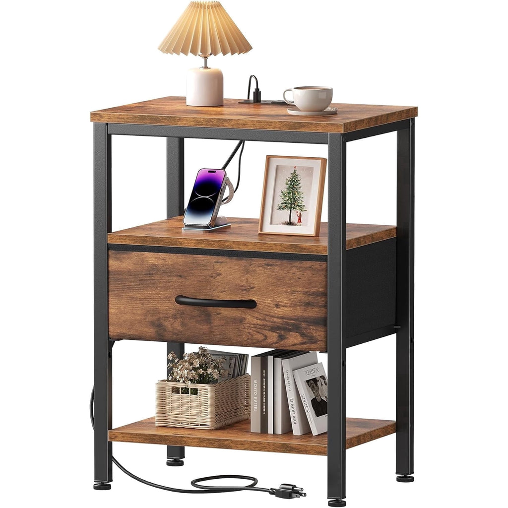 JIOABL Nightstand with USB & Type-C Charging, Fabric Drawers, Metal Frame