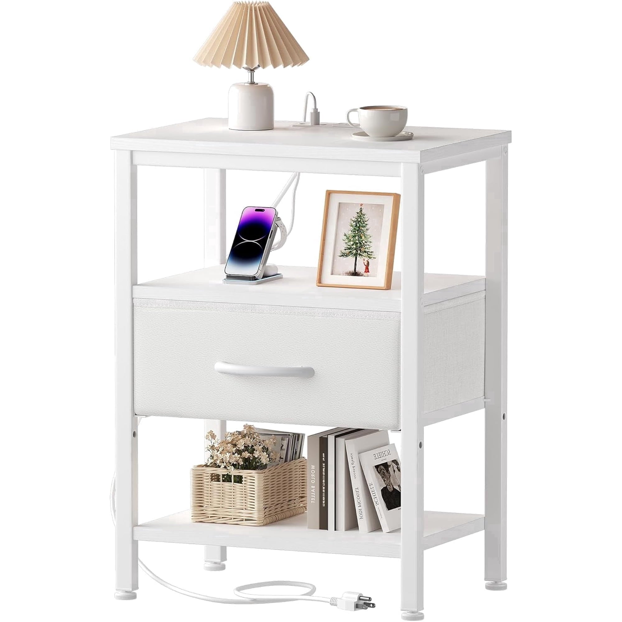 JIOABL Nightstand with USB & Type-C Charging, Fabric Drawers, Metal Frame