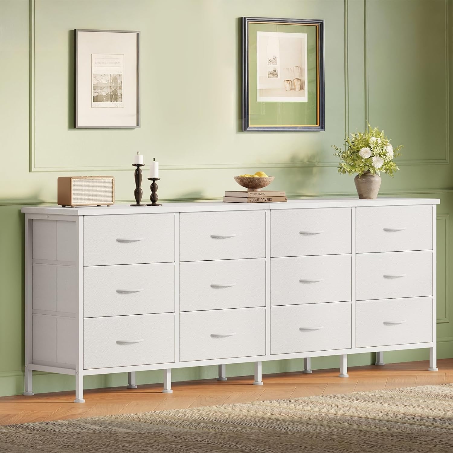 JIOABL TV Stand with 12 Fabric Drawers, Metal Frame Storage Stand with Adjustable feet and Anti-Tip