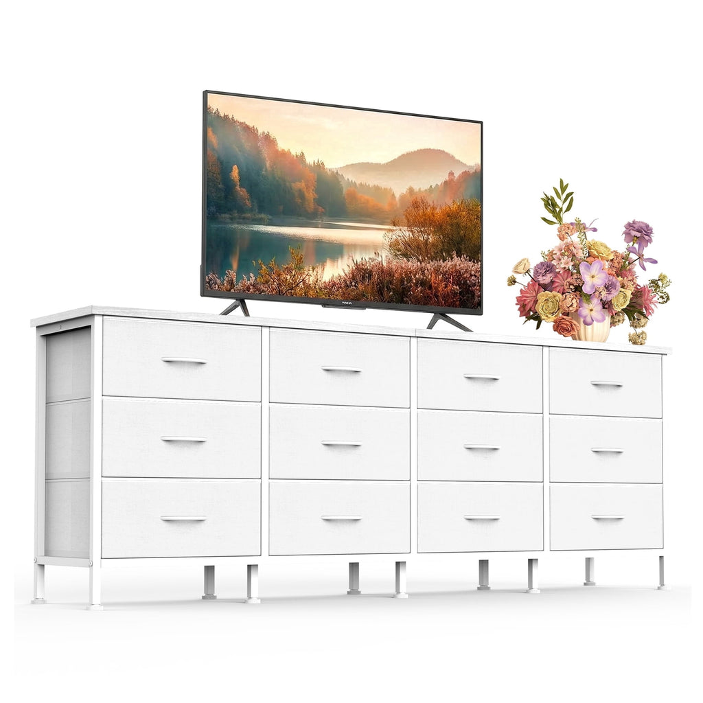 JIOABL TV Stand with 12 Fabric Drawers, Metal Frame Storage Stand with Adjustable feet and Anti-Tip
