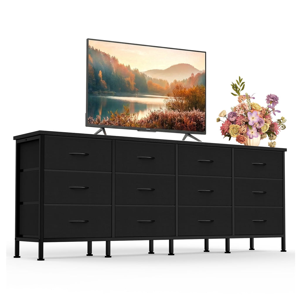 JIOABL TV Stand with 12 Fabric Drawers, Metal Frame Storage Stand with Adjustable feet and Anti-Tip