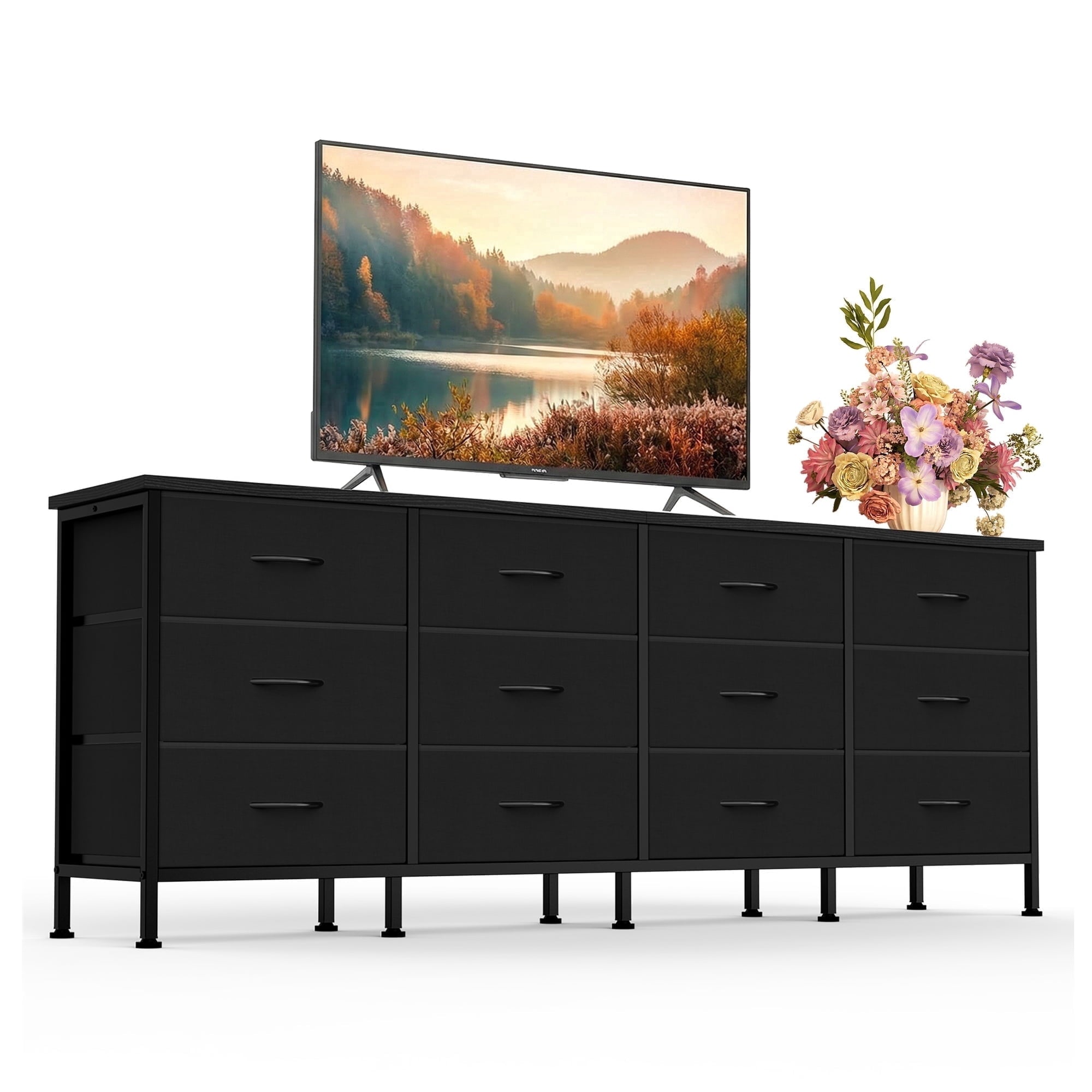 JIOABL TV Stand with 12 Fabric Drawers, Metal Frame Storage Stand with Adjustable feet and Anti-Tip