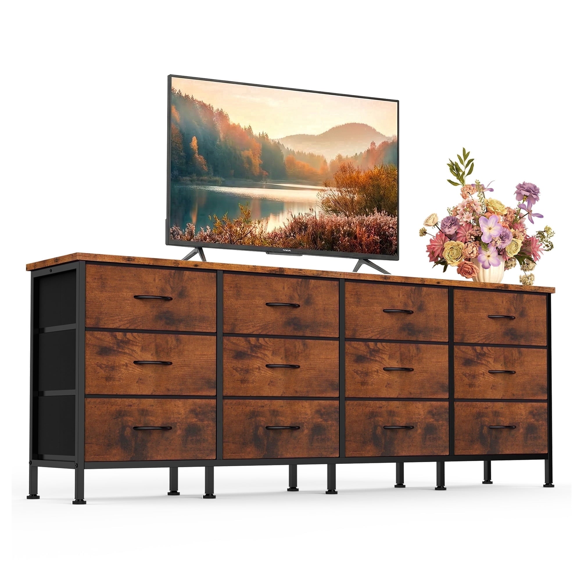 JIOABL TV Stand with 12 Fabric Drawers, Metal Frame Storage Stand with Adjustable feet and Anti-Tip