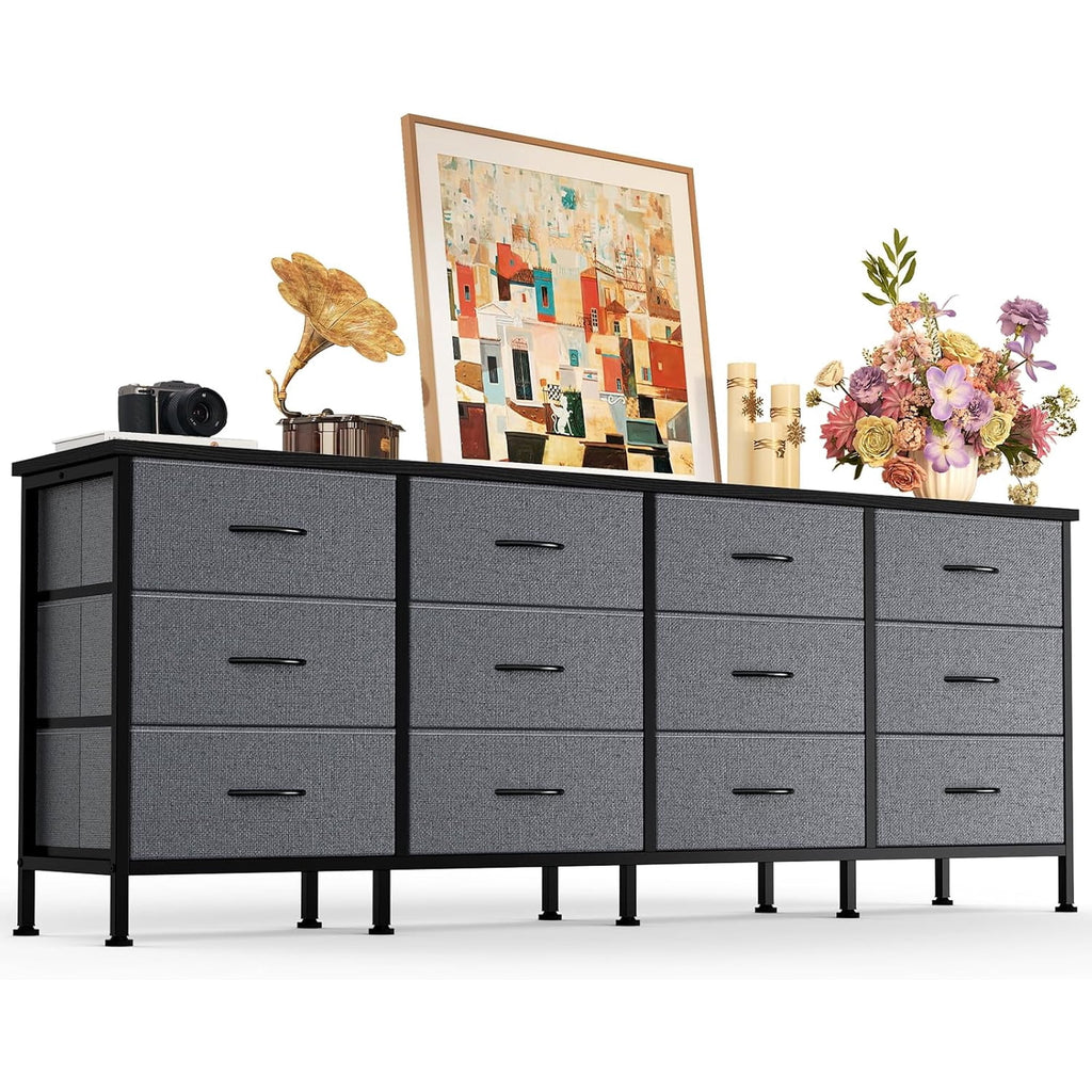 JIOABL TV Stand with 12 Fabric Drawers, Metal Frame Storage Stand with Adjustable feet and Anti-Tip