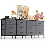 JIOABL TV Stand with 12 Fabric Drawers, Metal Frame Storage Stand with Adjustable feet and Anti-Tip
