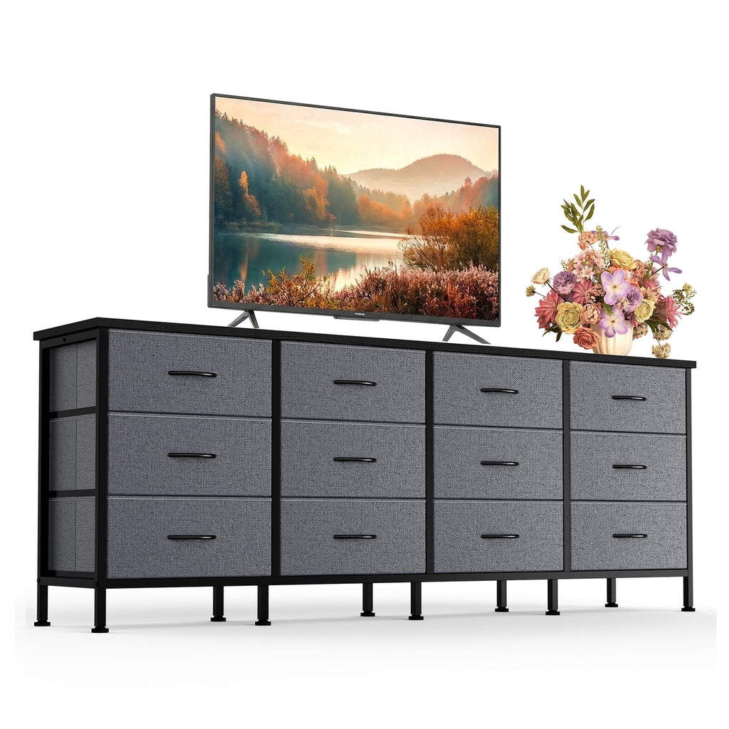 JIOABL TV Stand with 12 Fabric Drawers, Metal Frame Storage Stand with Adjustable feet and Anti-Tip