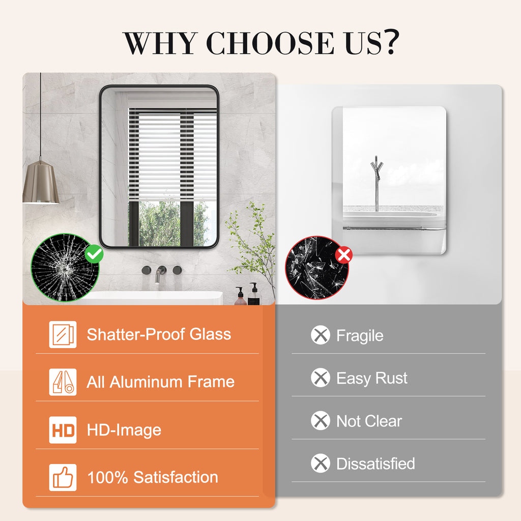 MCQ  Shatterproof Bathroom Mirror with Black Metal Frame - Tempered Glass, 2 Sided, Anti-Rust for Vanity Wall Decor