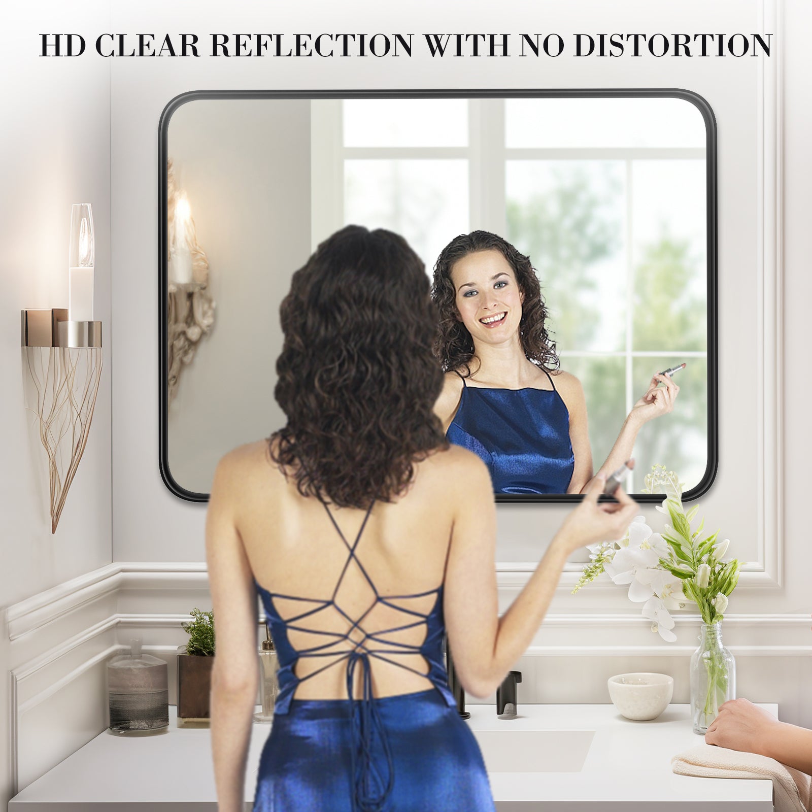 MCQ  Shatterproof Bathroom Mirror with Black Metal Frame - Tempered Glass, 2 Sided, Anti-Rust for Vanity Wall Decor