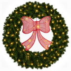 JIOABL 30in Pre-Lit Christmas Wreath with Lighted Bow, 130 LED Warm White Lights, PVC Tips, Plug-in for Door Mantel