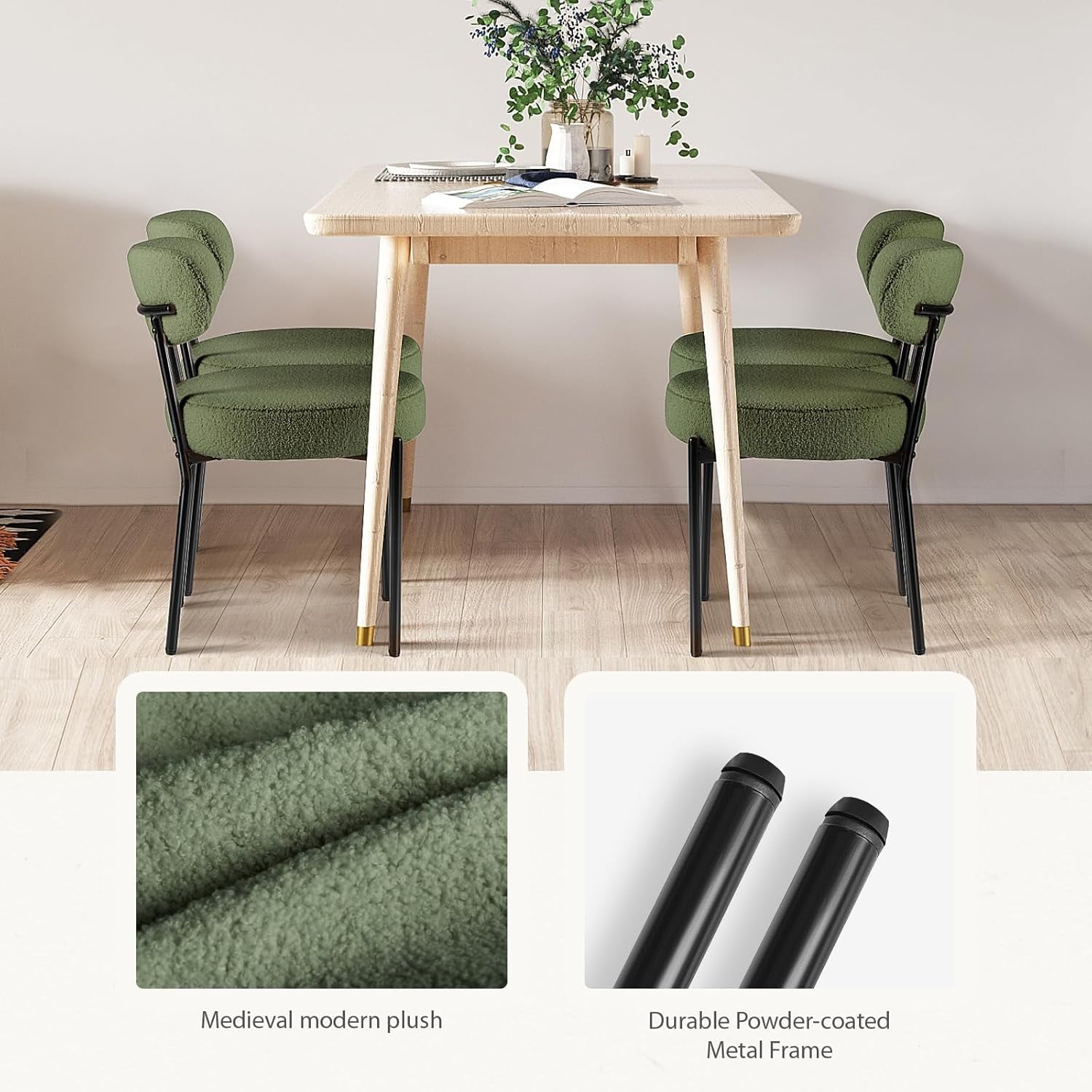 JIOABL Dining Chairs, Boucle Upholstered Kitchen Chairs with Curved Backrest & Metal Legs, Mid Century Modern Round Dining Room Chairs for Vanity, Living Room