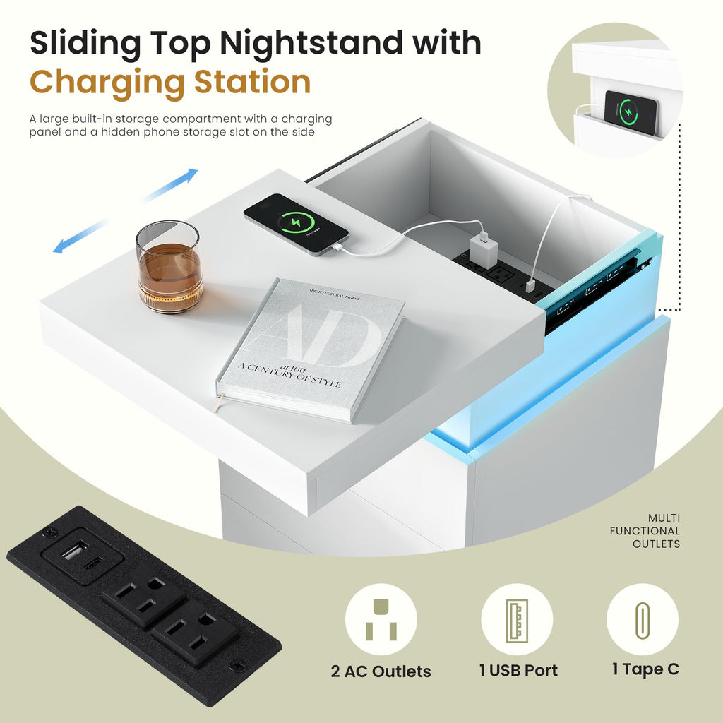 JIOABL Nightstand with Charging Station and RGB LED Light, 3 Drawers, Sliding Top, Bedside Table for Bedroom, Living Room and Dorm