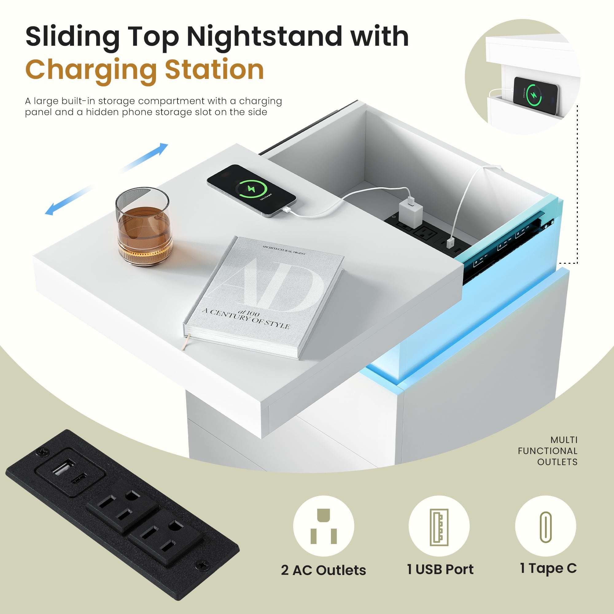 JIOABL Nightstand with Charging Station and RGB LED Light, 3 Drawers, Sliding Top, Bedside Table for Bedroom, Living Room and Dorm