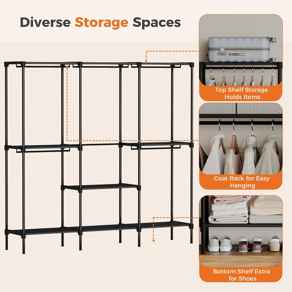 JIOABL Portable Clothes Rack with Shelves, Freestanding Closet Organizer with Hanging Rods for Bedroom, Entryway