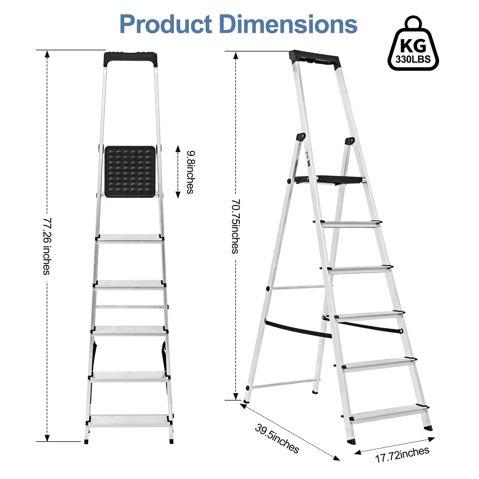 JIOABL Aluminum Folding Ladder, 330 lbs Capacity with Wide Non-Slip Steps, Steel Platform, Slim Fold Design