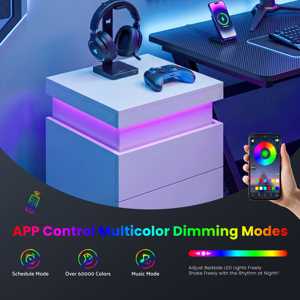JIOABL Nightstand with Charging Station and RGB LED Light, 3 Drawers, Sliding Top, Bedside Table for Bedroom, Living Room and Dorm