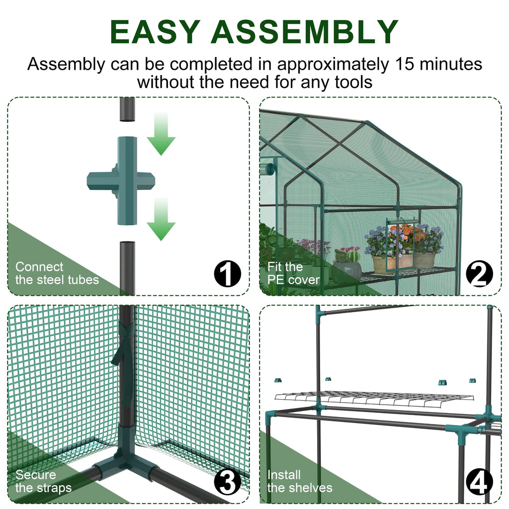 JIOABL 3-Tier Walk-In Greenhouse with PE Cover, Roll-Up Zipper Door & Side Windows, Steel Frame, Outdoor Plant Greenhouse for Garden, Patio, Green