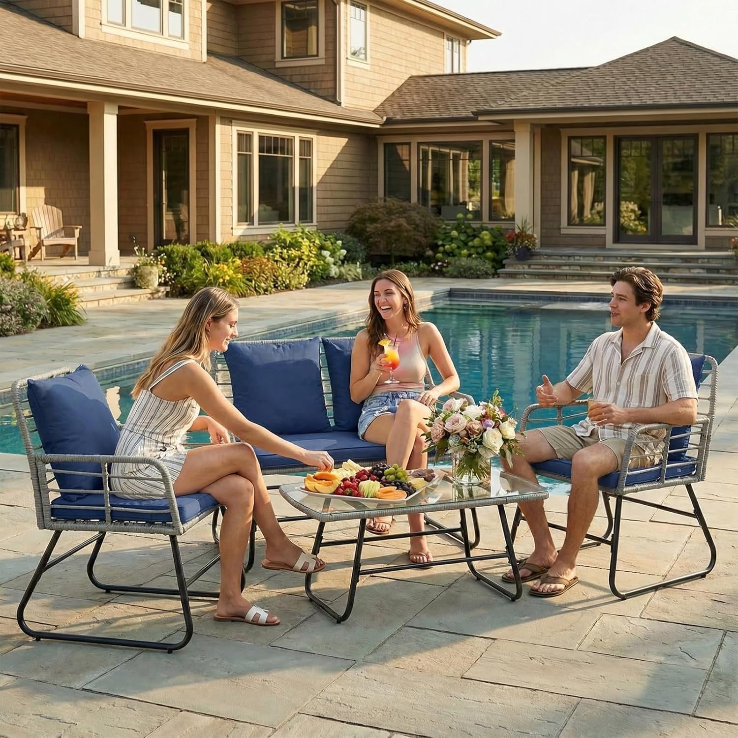 JIOABL Outdoor Bistro Set, Wicker Chairs & Glass Top Table for Patio, Balcony, Porch, Backyard