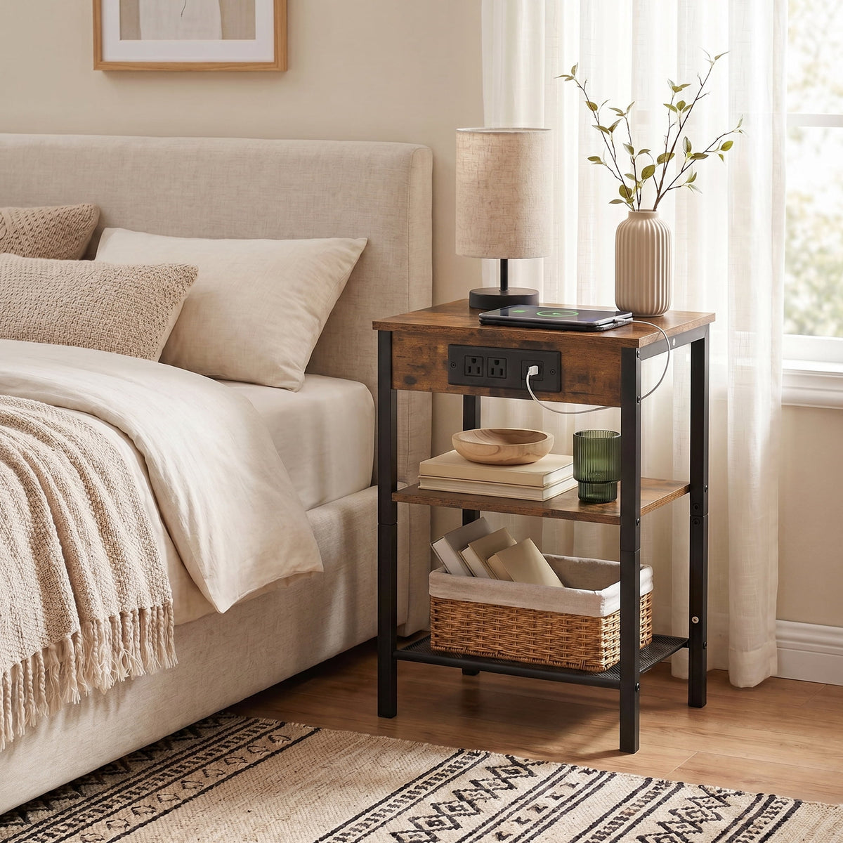 JIOABL 3-Tier Side Table with USB & AC Charging Station, Adjustable Shelves, Multi-Use for Living Room & Bedroom