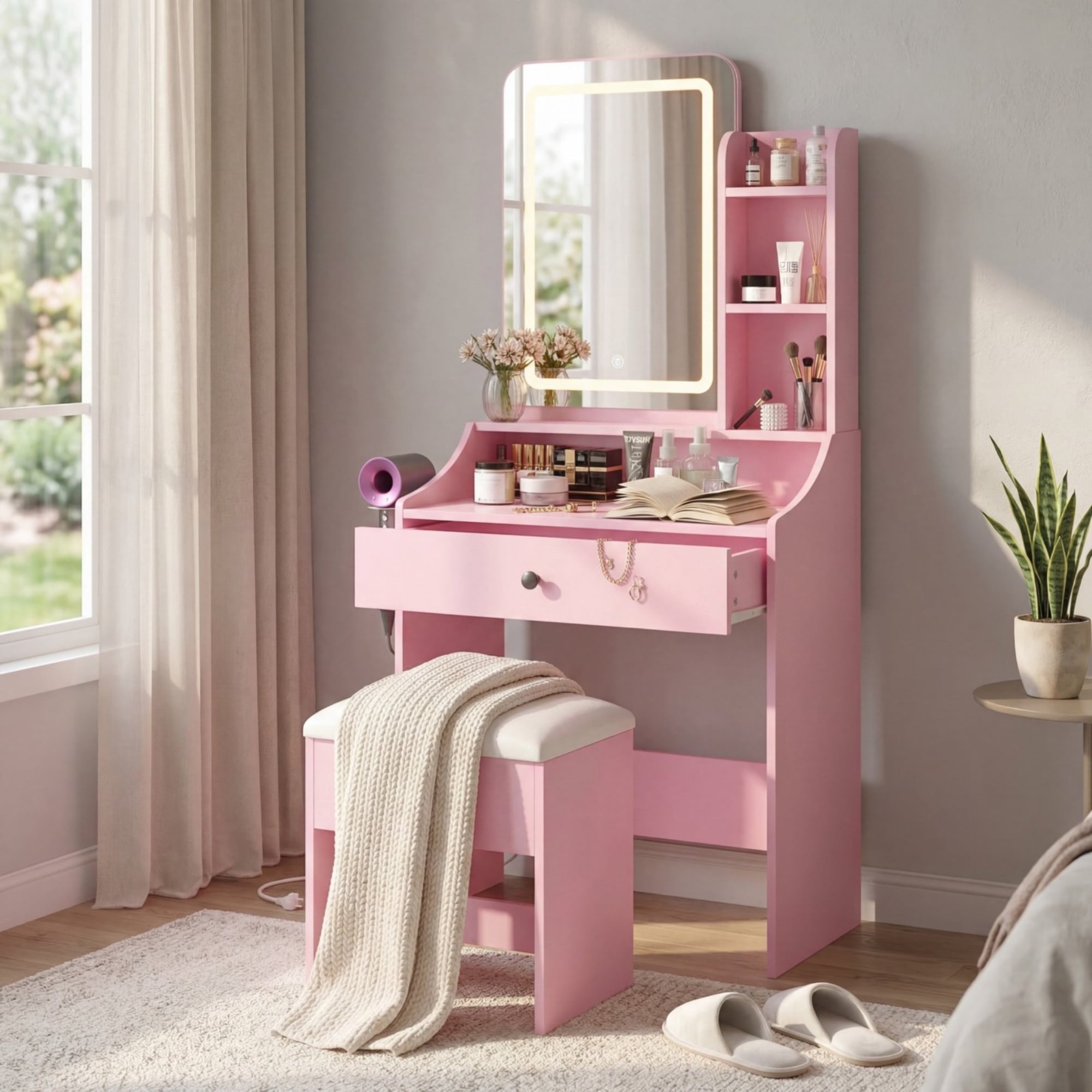 JIOABL 24" Vanity Desk with Mirror, LED Makeup Vanity with 3 Light Modes & Power Outlet, Storage Drawers & Stool, Dressing Table for Bedroom