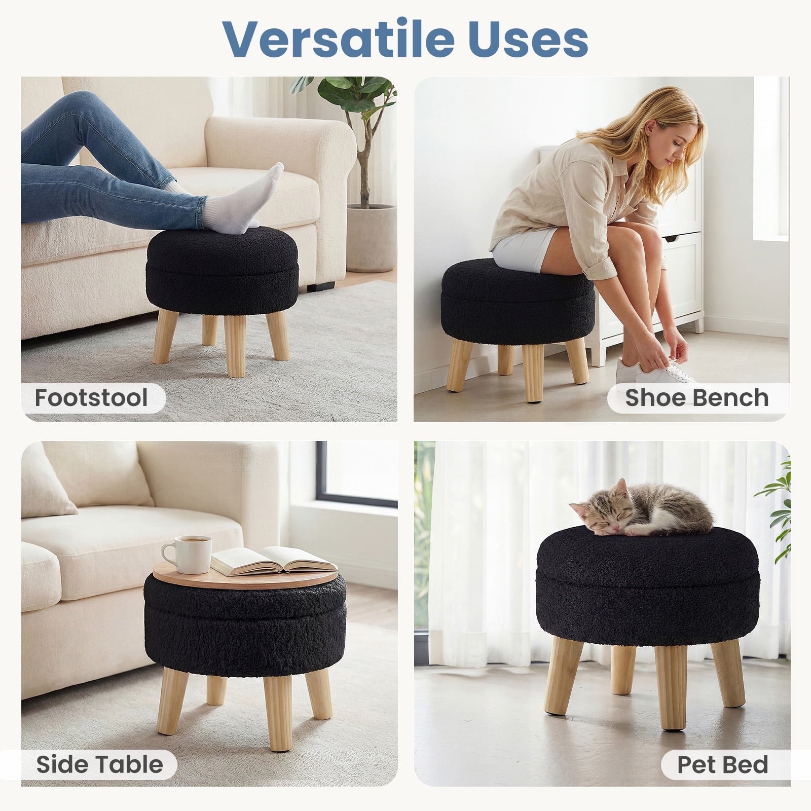 JIOABL Ottoman with Storage, 350lbs Capacity, Soft Teddy Fabric, Round Footrest, Wooden Legs, for Living Room & Bedroom