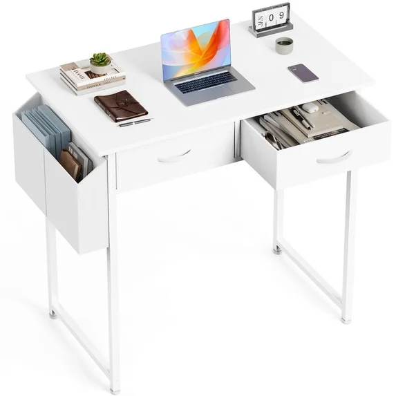 JIOABL Small Desk with 2 Drawers 32 Inch Bedroom Kids Student Vanity Home Office Computer PC Table with Fabric Storage Bag, Study Writing Wood Deskboard for Small Spaces,White