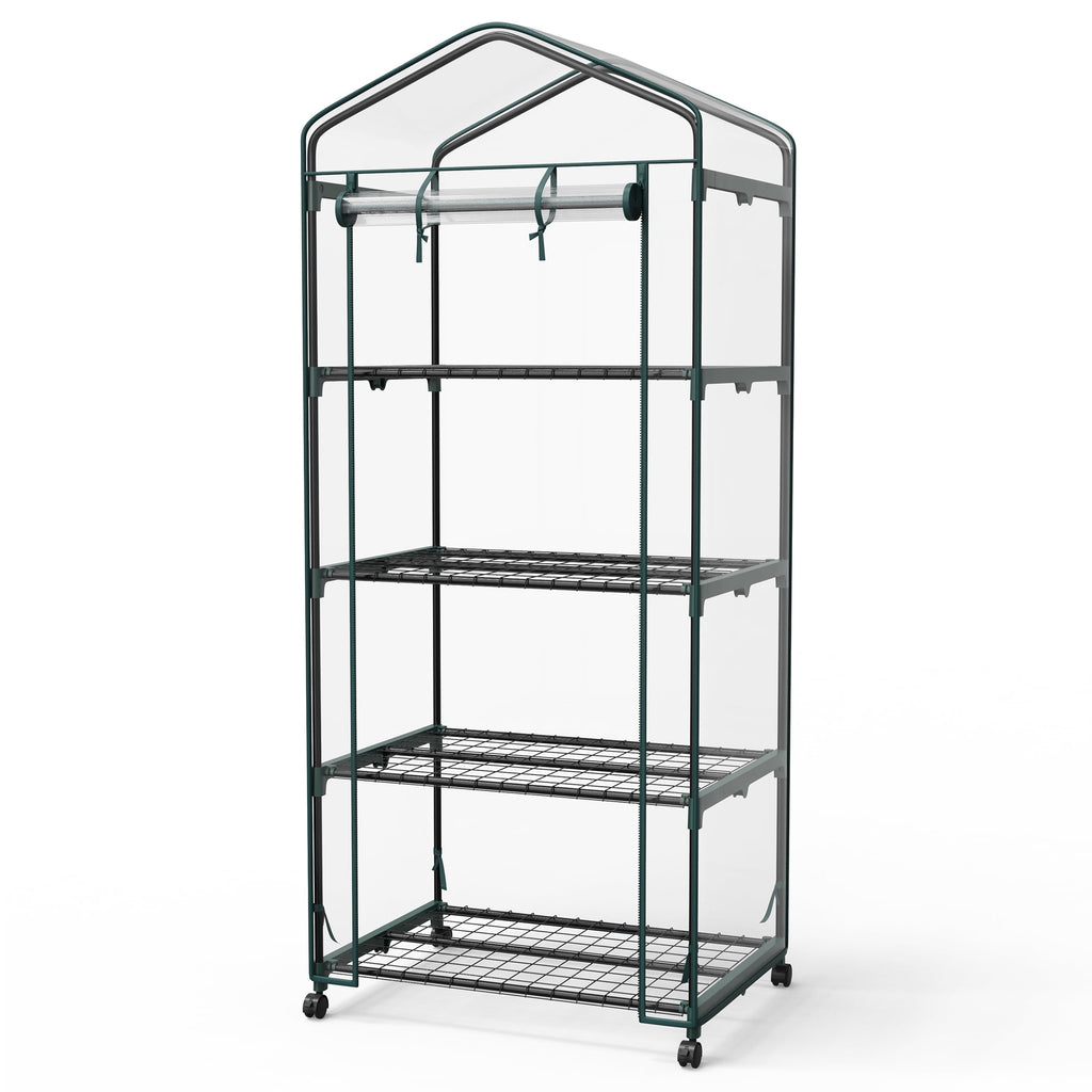 JIOABL 4-Tier Mini Greenhouse with Clear PVC Cover & Wheels, Portable Plant Grow House with Zipper Door, Steel Frame for Indoor & Outdoor Garden, Clear