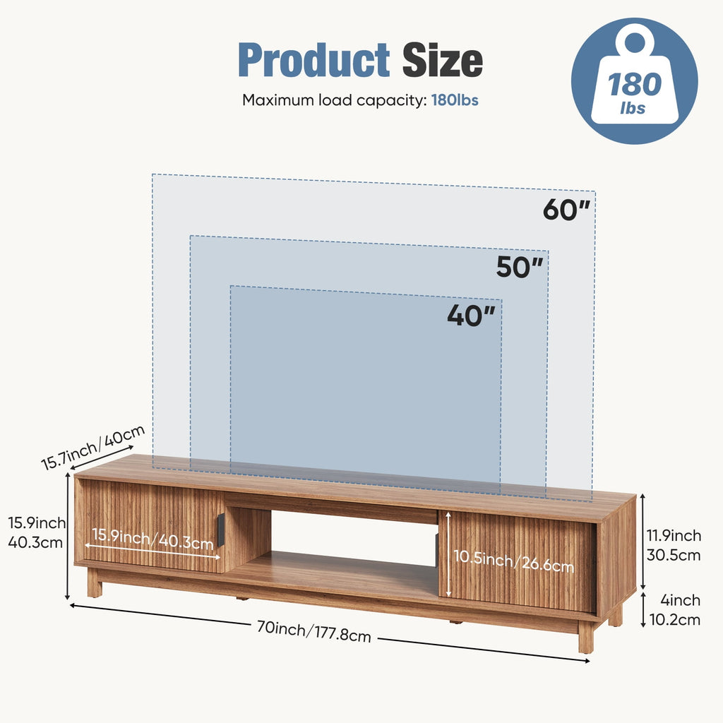 JIOABL Rattan TV Stand, Wood Entertainment Center with Storage Cabinets & Cable Management Hole