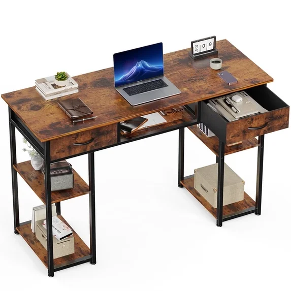 JIOABL Small Desk with 2 Drawers 32 Inch Bedroom Kids Student Vanity Home Office Computer PC Table with Fabric Storage Bag, Study Writing Wood Deskboard for Small Spaces,White