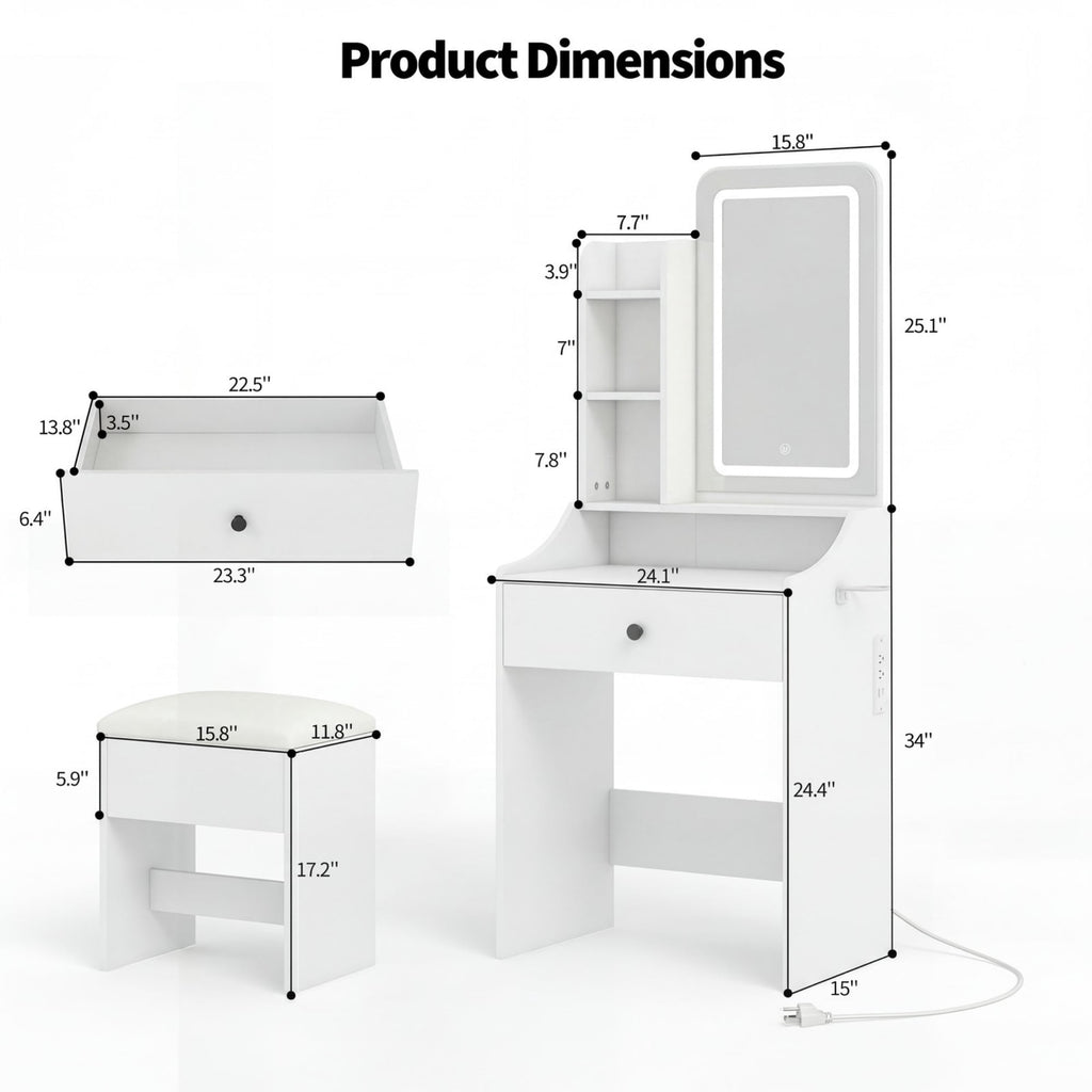 JIOABL 24" Vanity Desk with Mirror, LED Makeup Vanity with 3 Light Modes & Power Outlet, Storage Drawers & Stool, Dressing Table for Bedroom