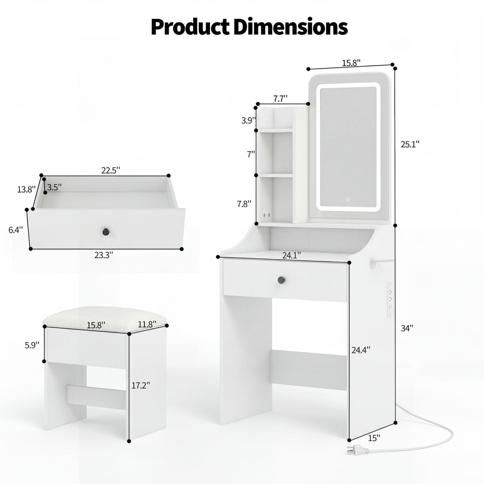 JIOABL 24" Vanity Desk with Mirror, LED Makeup Vanity with 3 Light Modes & Power Outlet, Storage Drawers & Stool, Dressing Table for Bedroom