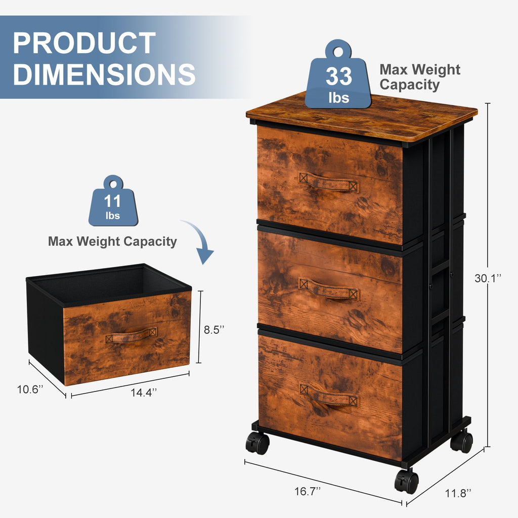 JIOABL Dresser Storage with 3 Drawers, Fabric Tower, Vertical Storage Unit with Wheels & Adjustable Handles for Bedroom, Closet, Office