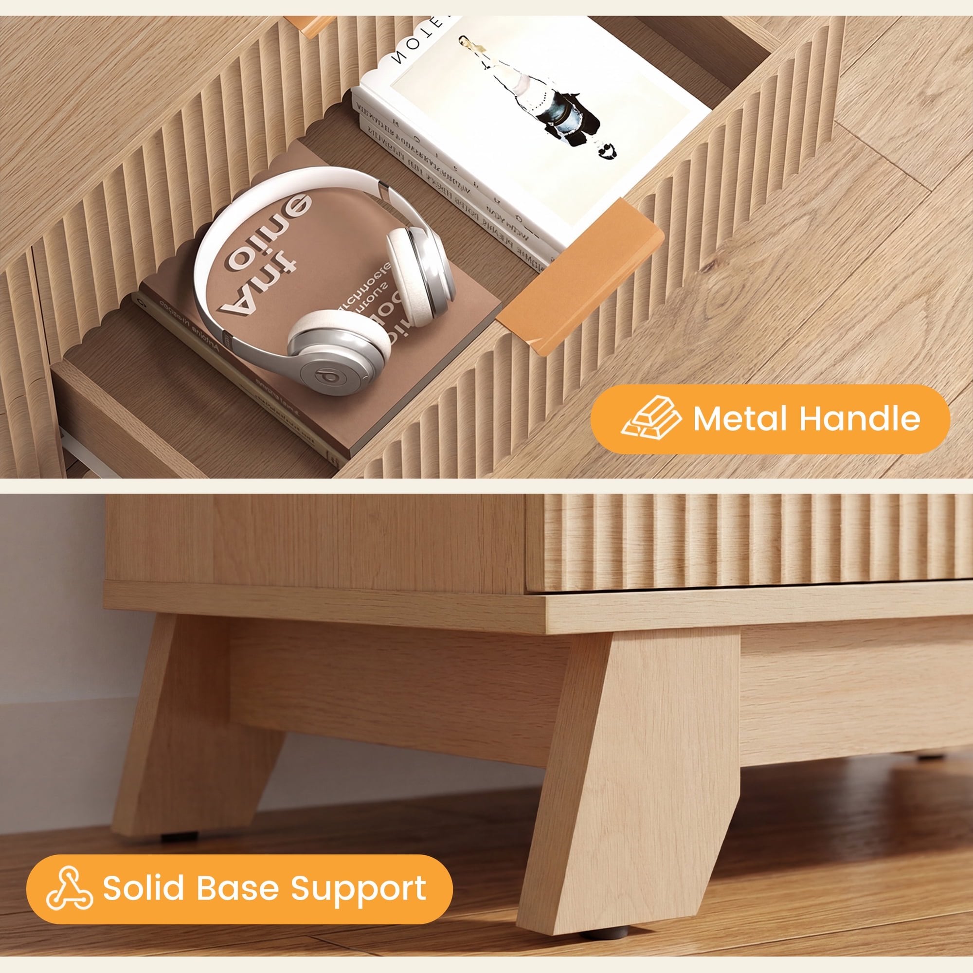 JIOABL Wood Dresser with Fluted Panel Design, Modern Storage Cabinet for Bedroom, Living Room, Hallway, Natural Oak