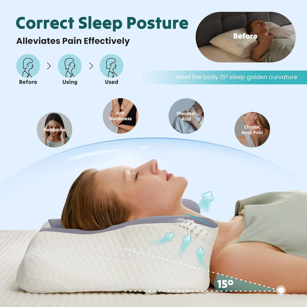 JIOABL Ergonomic Contour Memory Foam Pillows, Cervical Neck Pillow with Cooling Case for Neck Pain Relief