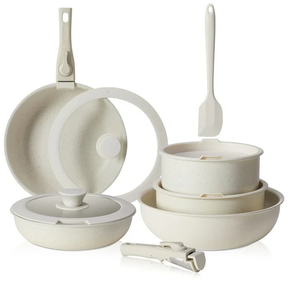 JIOABL 12 Pcs Non-Stick Cookware Set, Complete with Pots and Pans Featuring Detachable Handles, Beige