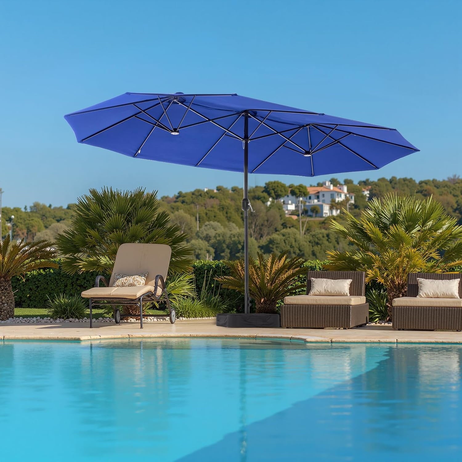 JIOABL 15FT Triple Head Patio Umbrella with Base & Sandbags, Large Outdoor Umbrella with Crank, 12 Ribs, UV-Resistant & Ventilated Canopy