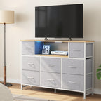 JIOABL TV Stand with 8 Fabric Drawers & Power Outlet, LED TV Console with USB & Type-C, Storage Dresser for Living Room