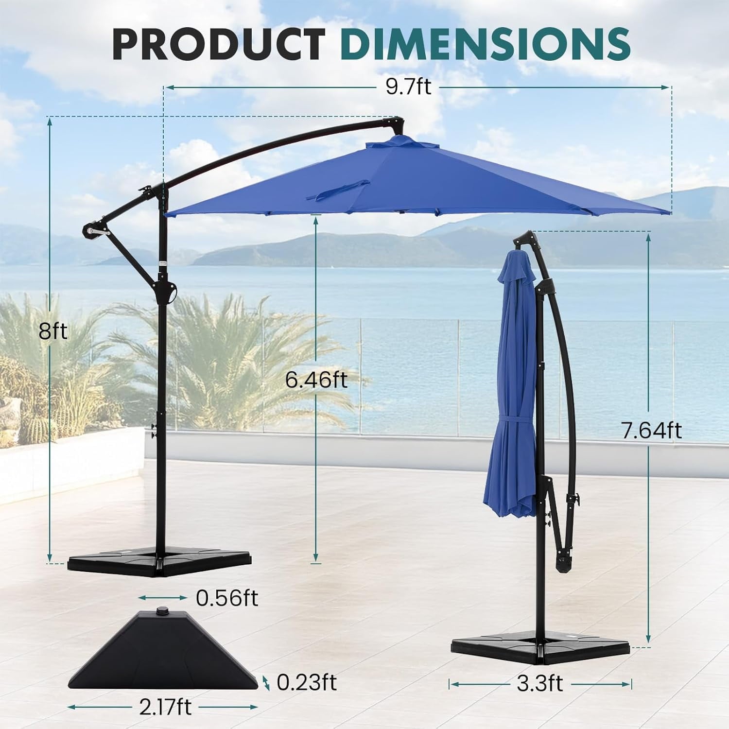 JIOABL 10FT Offset Patio Umbrella with Base, Cantilever Outdoor Umbrella with Crank, 8 Ribs, UV-Resistant & Vented Canopy for Patio, Pool, Garden