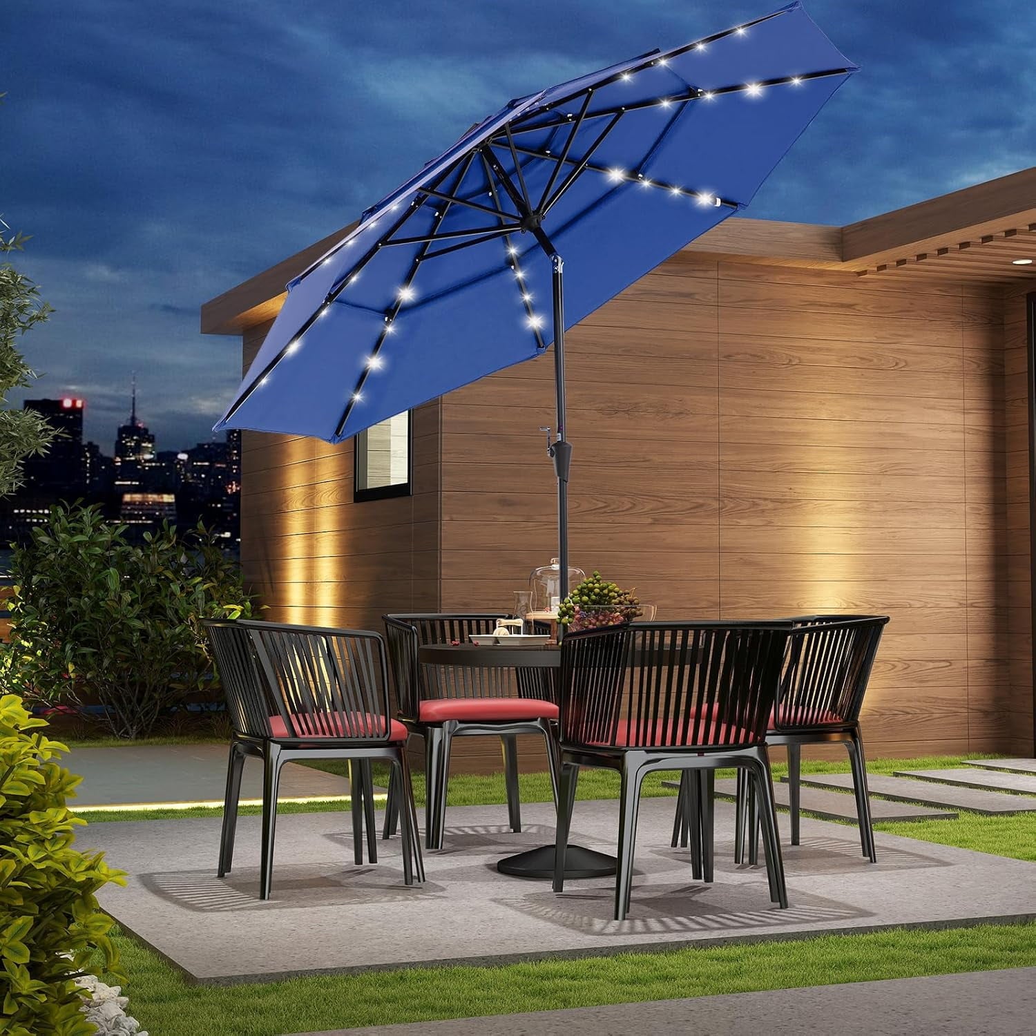 JIOABL 10FT Solar LED Patio Umbrella with Tilt & Vent, 32 LED Lights, 8 Ribs, UV-Resistant & Water-Resistant for Garden, Deck, Patio