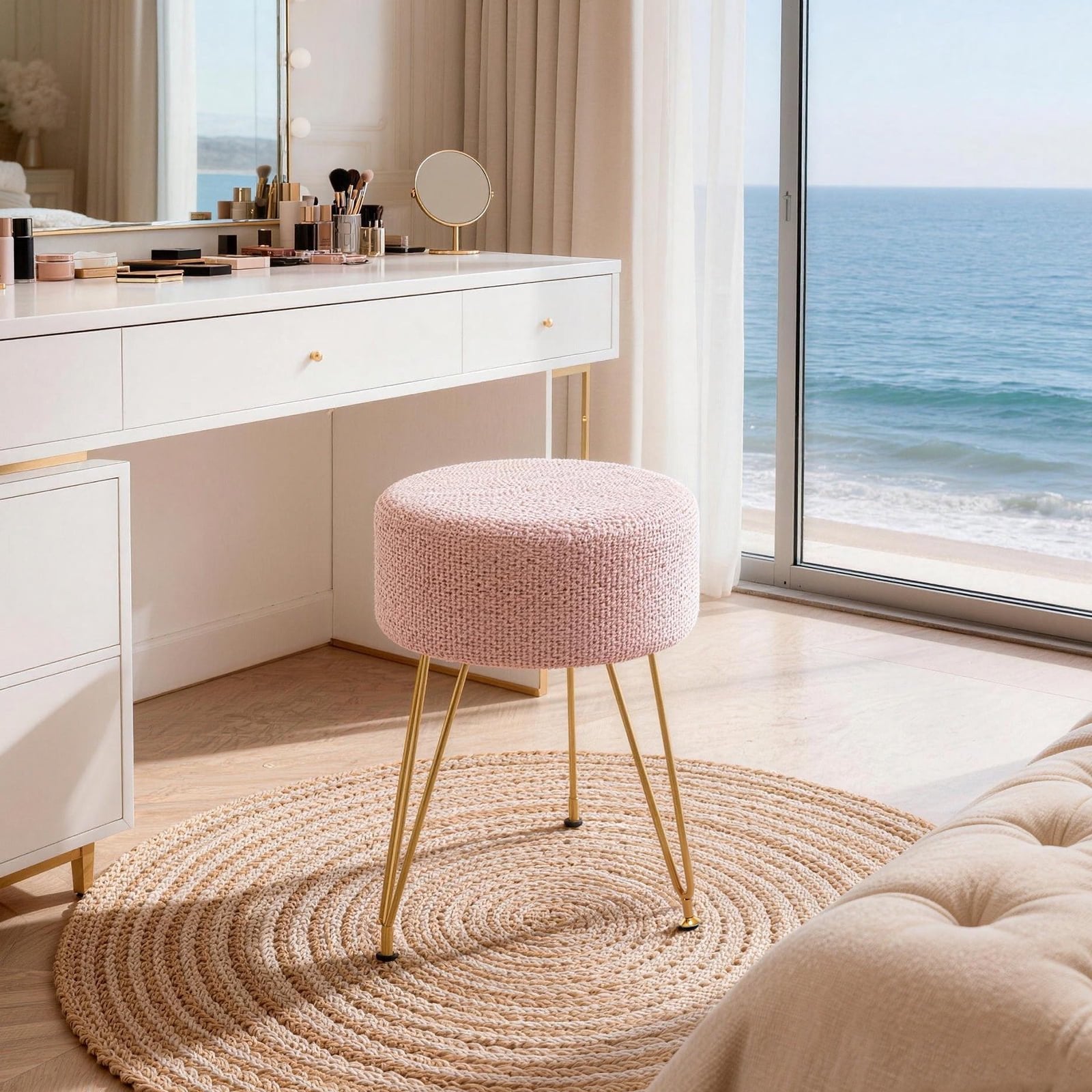JIOABL Ottoman Foot Stool & Vanity Stool, 350lbs Capacity, Thick Cushion, Gold Metal Legs, for Bedroom & Living Room