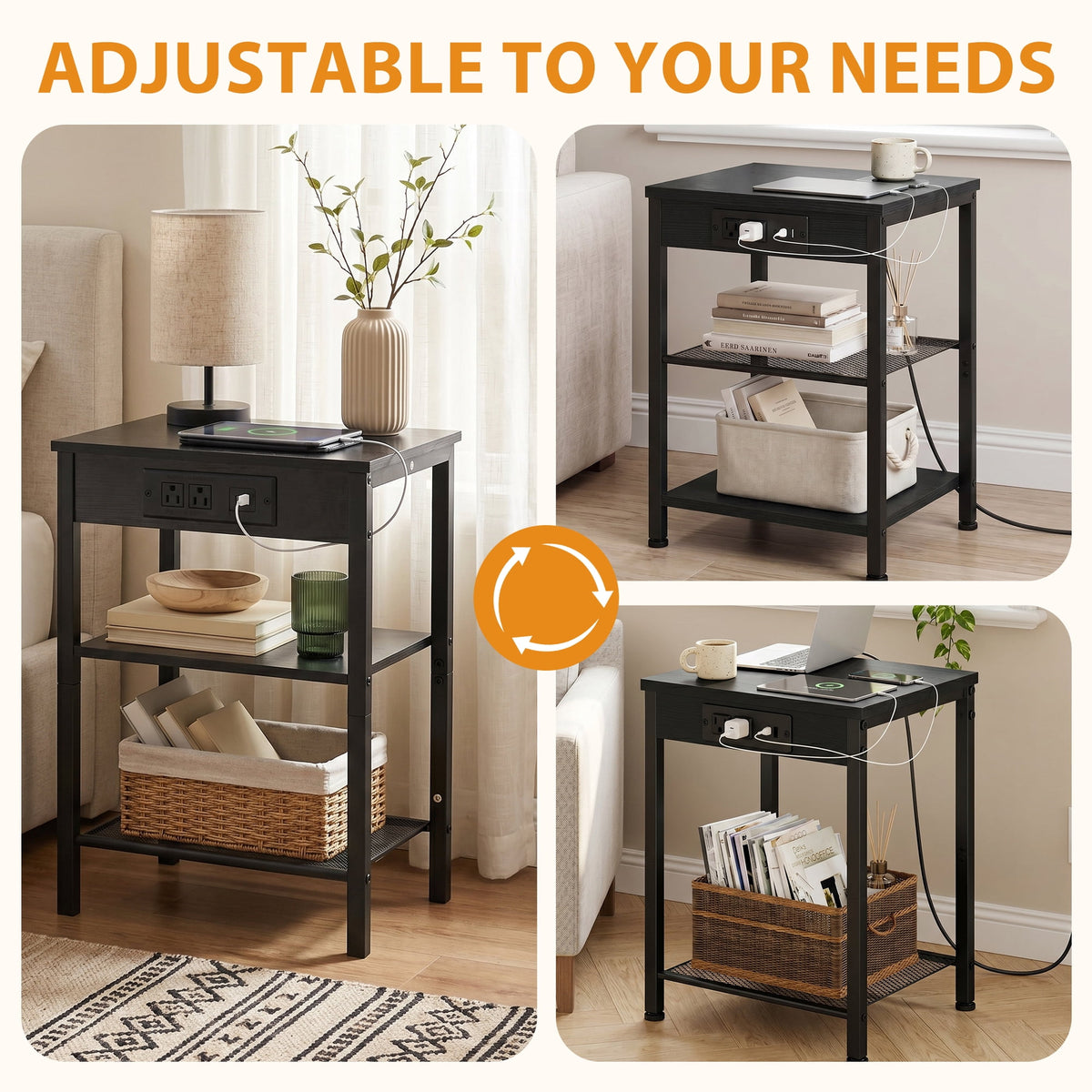 JIOABL 3-Tier Side Table with USB & AC Charging Station, Adjustable Shelves, Multi-Use for Living Room & Bedroom