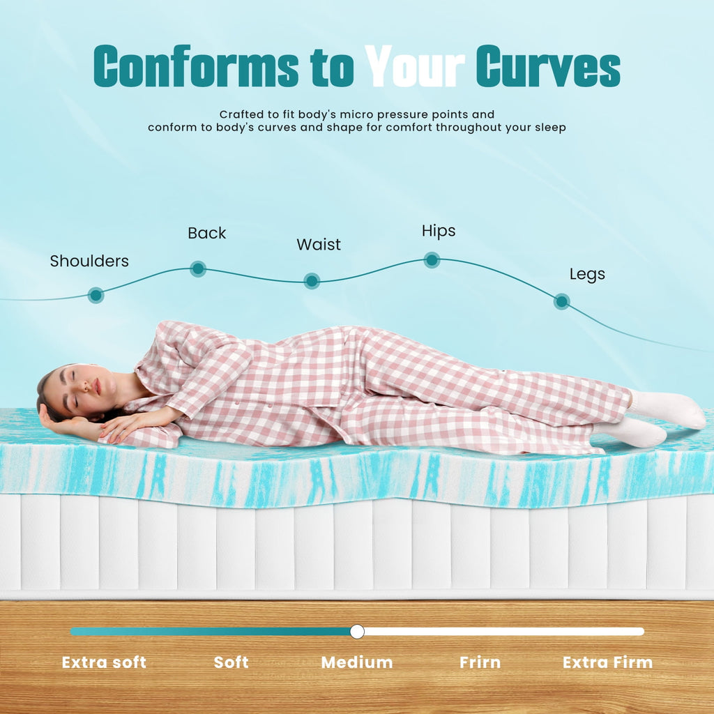 JIOABL  Memory Foam Mattress Topper with Cooling Gel, CertiPUR-US Certified, Pressure Relief & Breathable Comfort Bed Topper, Queen Size, 0 of 8     JIOABL JIOABL 4-Inch Memory Foam Mattress Topper with Cooling Gel, CertiPUR-US Certified, Pressure Relief